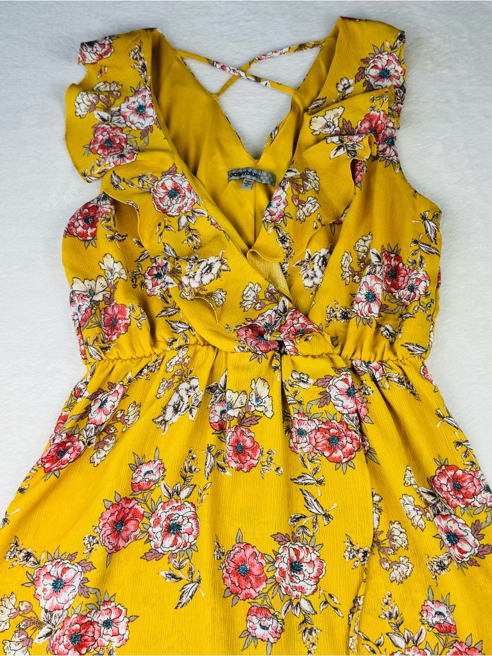 Bailey Blue Mustard Yellow Floral Ruffle front dress. Split skirt. Size XL.